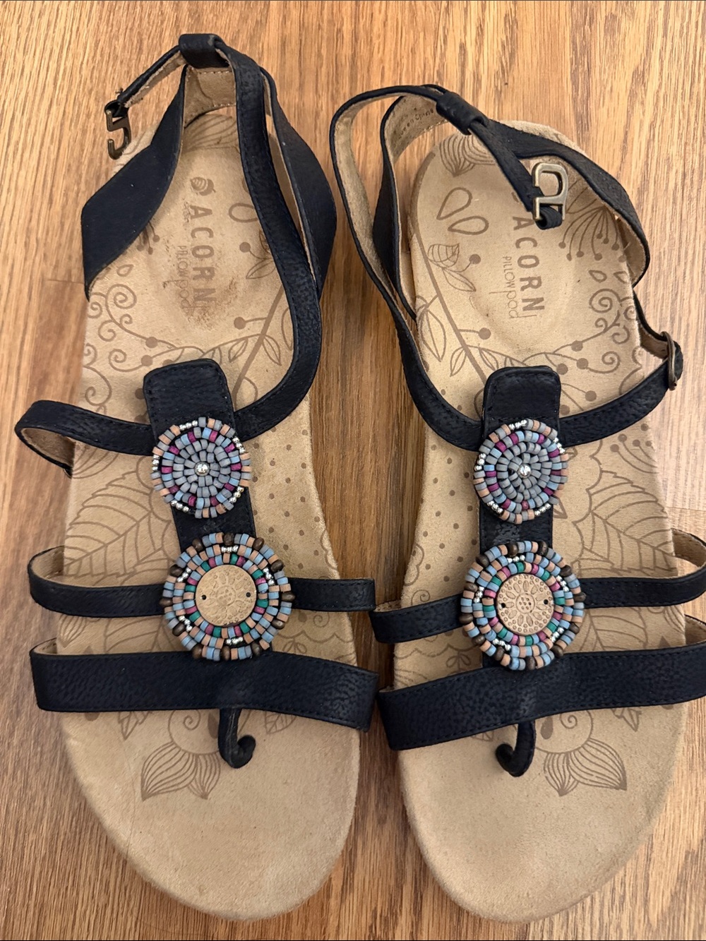 Acorn Black Strappy Sandals with Multicolor Beaded Medallions